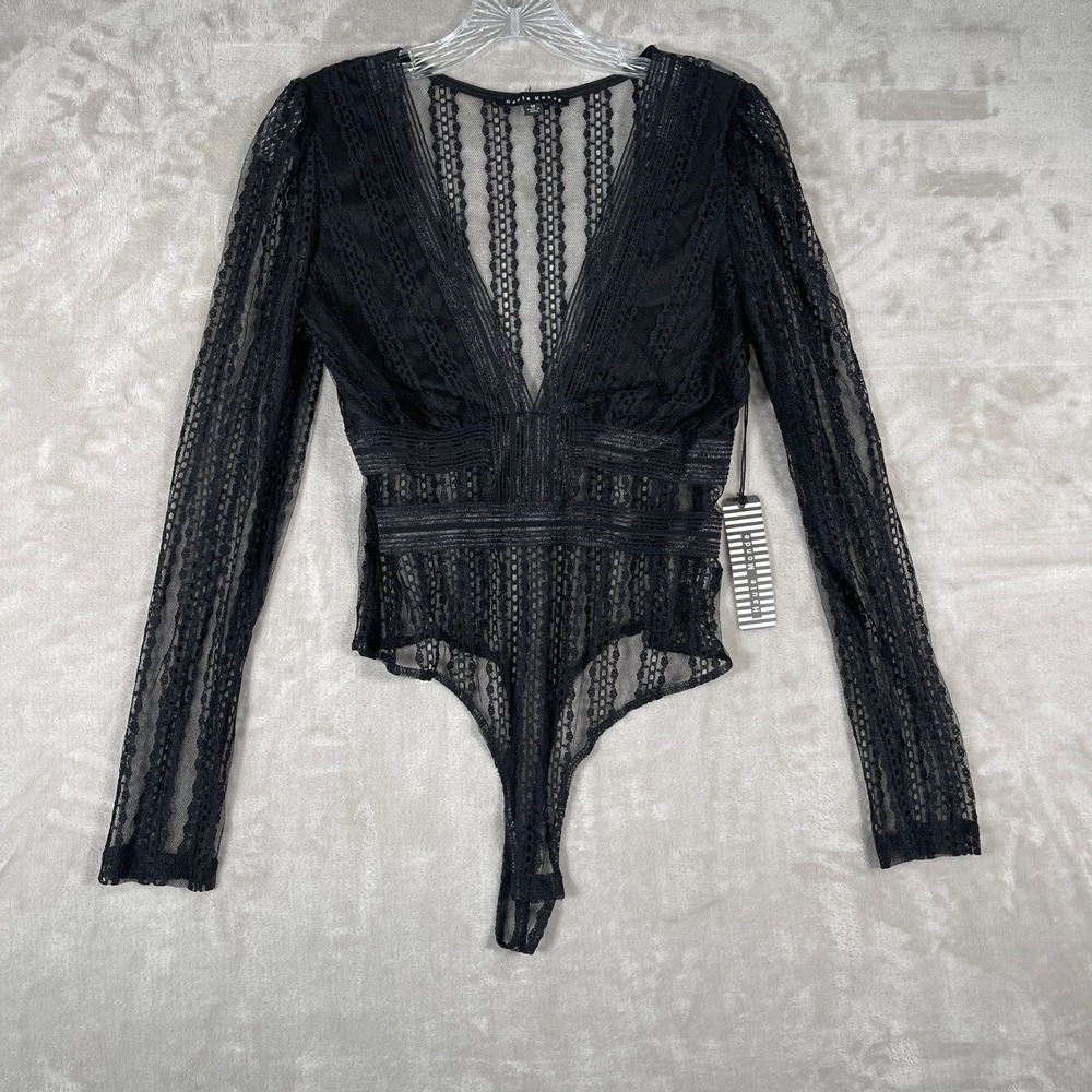 NEW Haute Monde Women's Bodysuit Sheer Lace Whimsigoth Witchy Goth M Black